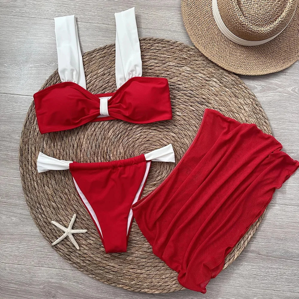 3 Pieces Bikini Set Wiht Mini Skirt Women Swimwear Sexy Bikinis Push Up Beachwear Solid Bodysuit Micro Thong Biquini Female 250107