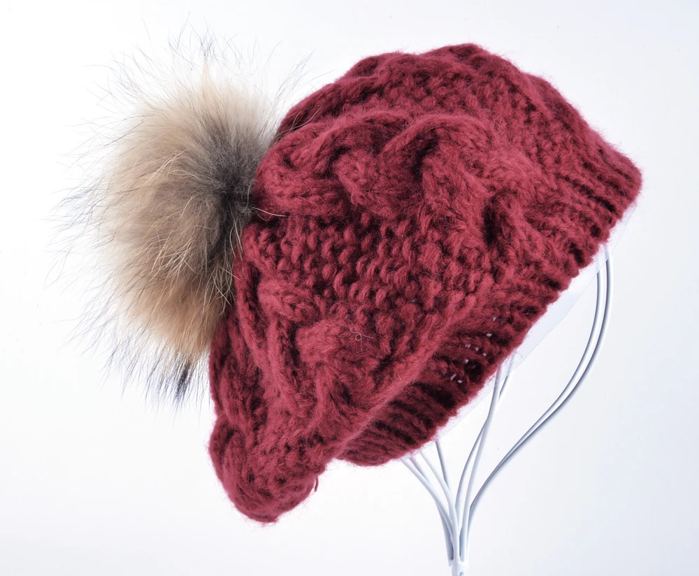 Winter Raccoon fur pompom beret ladies knit wool hat hand-knitted cap female berets hats for women boina feminina Gorras 250106