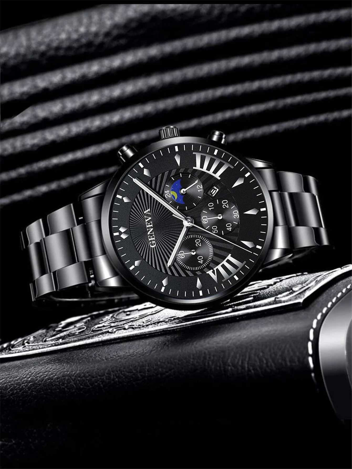 2PCS Fashion Mens Black Bracelet Watches Set Men Business Stainless Steel Quartz Watch Male Calendar WristwatchX250107