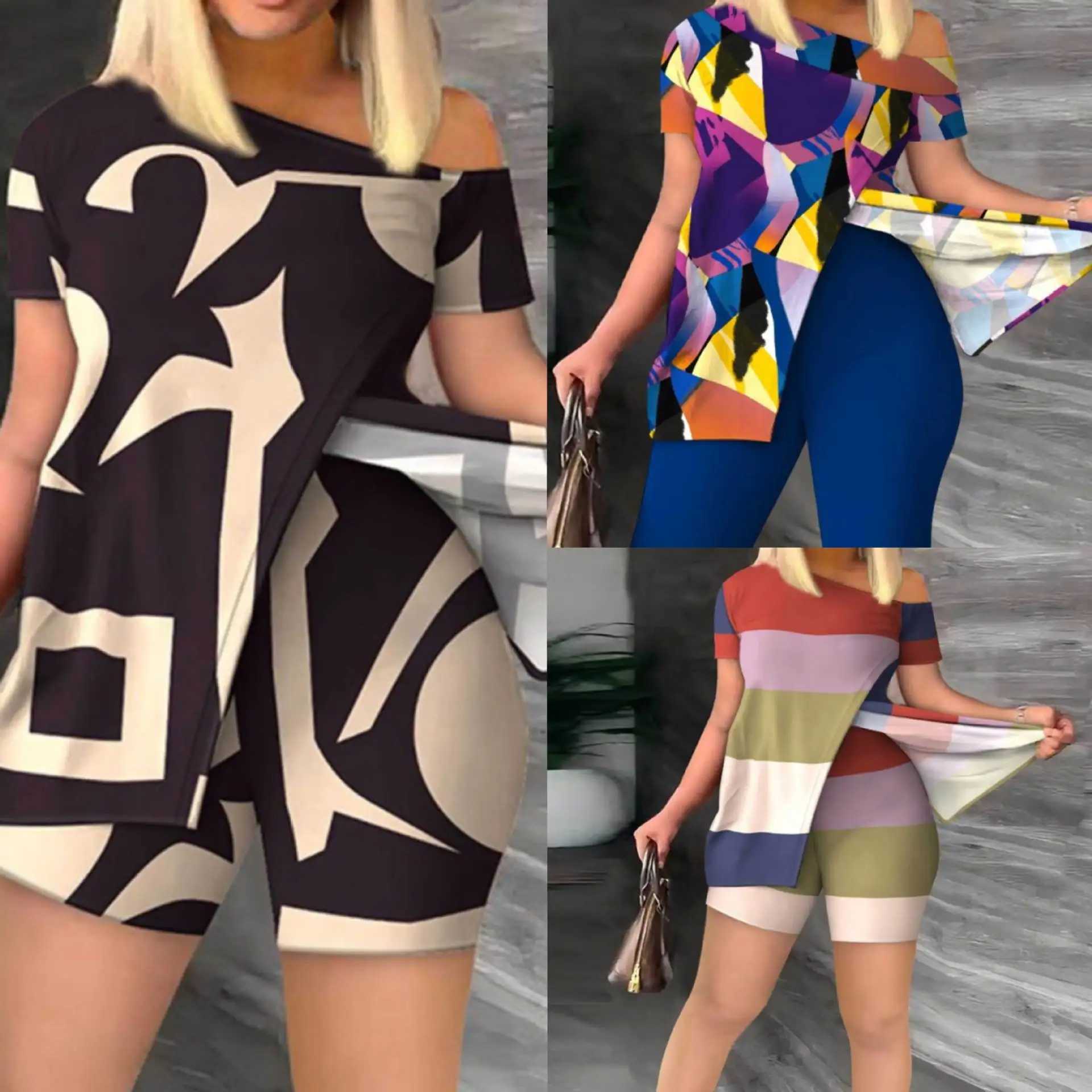 Women Short Sved Print Suit skew collar Irregular Shirt Bodycon Shorts New Casual Fashion Sexy Two Piece Set Womens ClothesXJ250106