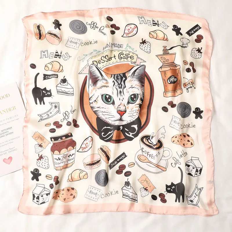 70cm * 70cm Silk Square Scarf Womens Cartoon Cat Bag Printing Fountain Headscarf Womens Collar Headscarf High Quality Silk Scarf FJ095 W250107