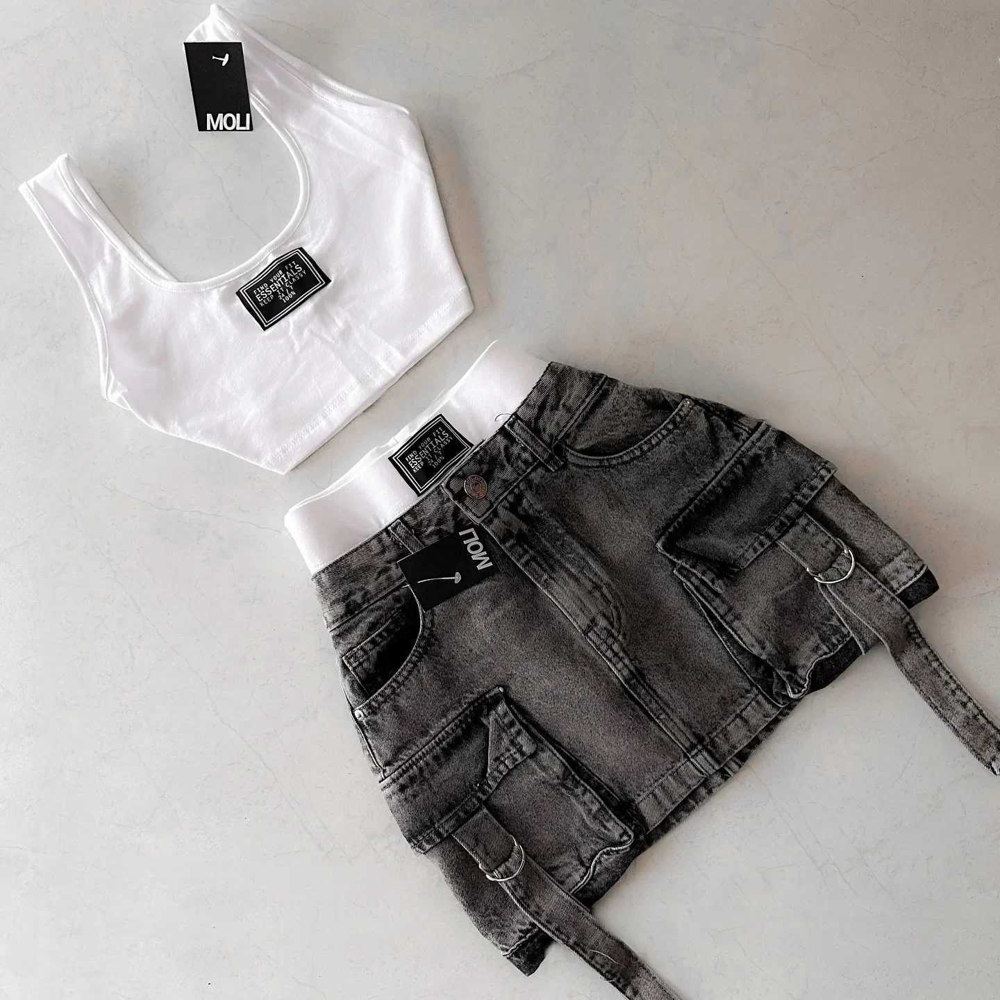 Belt casual version LTIPLE pocket denim jacket set Gothic womens two-piece set Y2k new fashion shoulder strap T-shirt W250107
