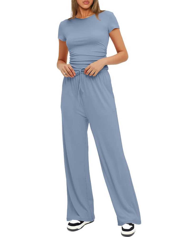 Summer Solid Loose Casual Tracksuit Womens Two Pieces Set O Neck Short Sves T-shirts and Wide Leg Pants Sets Sportswear SetXJ250106