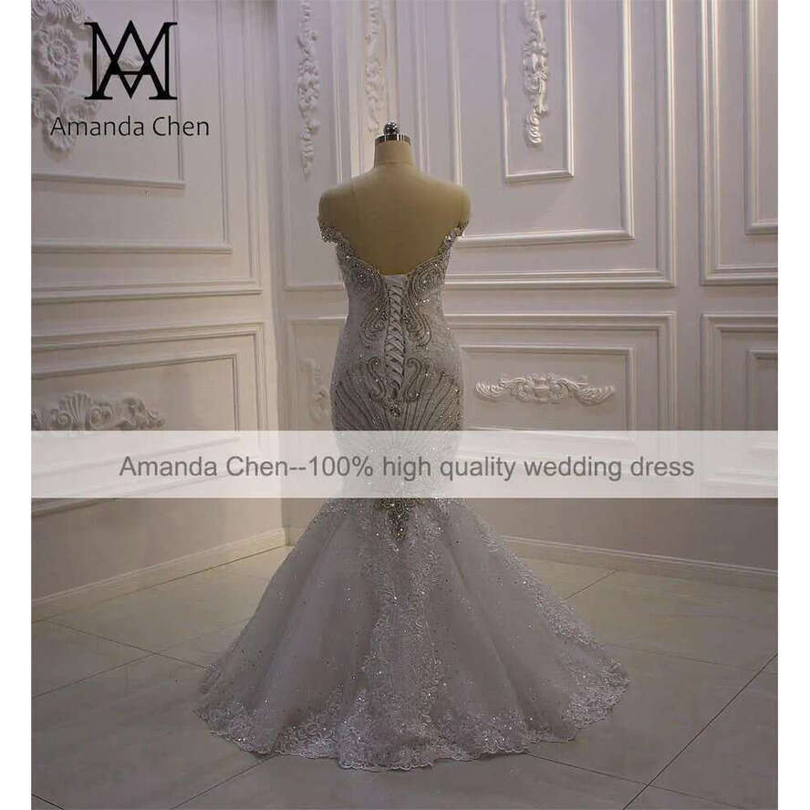 Robe De Mariage Off Shoulder Lace Appliqued Crystal Mermaid Detachable Train Wedding Dress