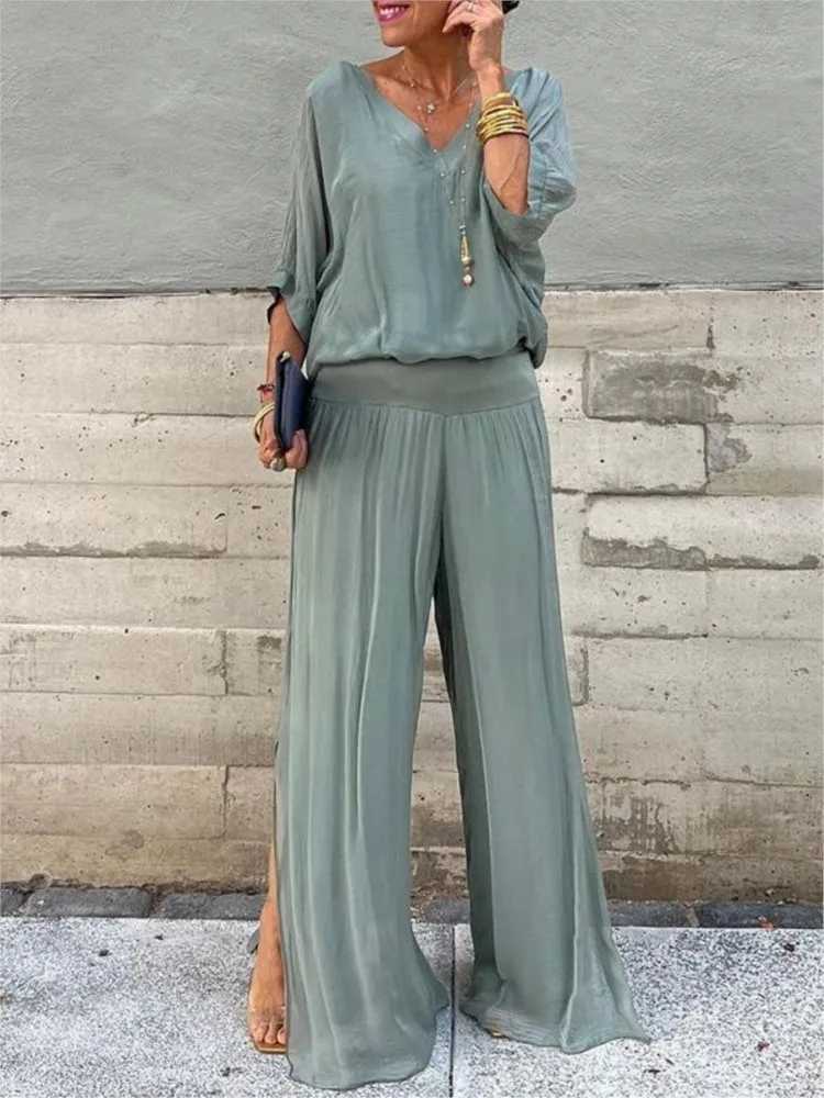 Womens Sexy V-neck Short Sved Top And Wide Leg Pants Sets Summer Chiffon Casual Outfits Casual Loose Street Two Piece SetsXJ250106