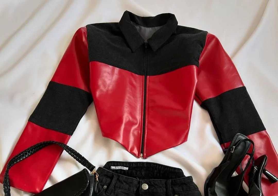 Womens two-piece Harajuku Gothic leather splicing work denim clothing fashion casual zipper leather jacket mini denim mini skirt set W250107