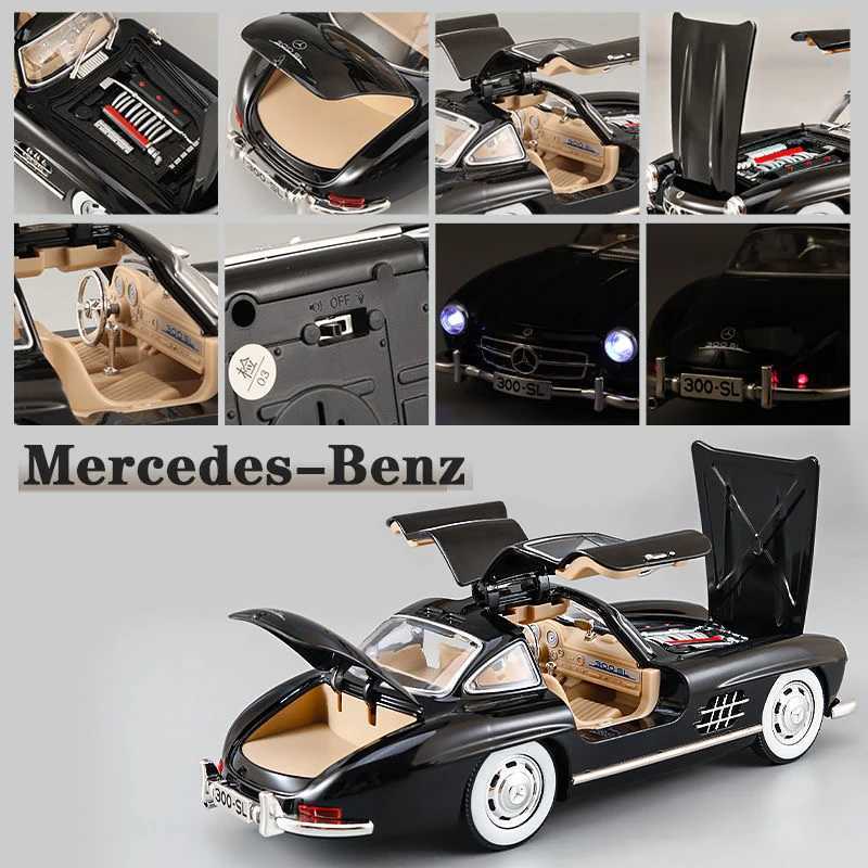1 24 scale car model Mercedes Benz 300SL alloy car model classic retro die-casting metal sound lamp series childrens toy gift W250106
