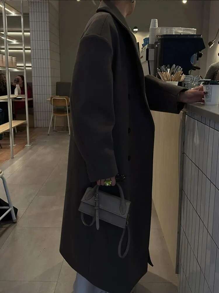 Solid Double-Breasted Women Long Coats Loose Turn-Down Collar Brown Female Maxi Autumn Winter Elegant Lady Street Outwear