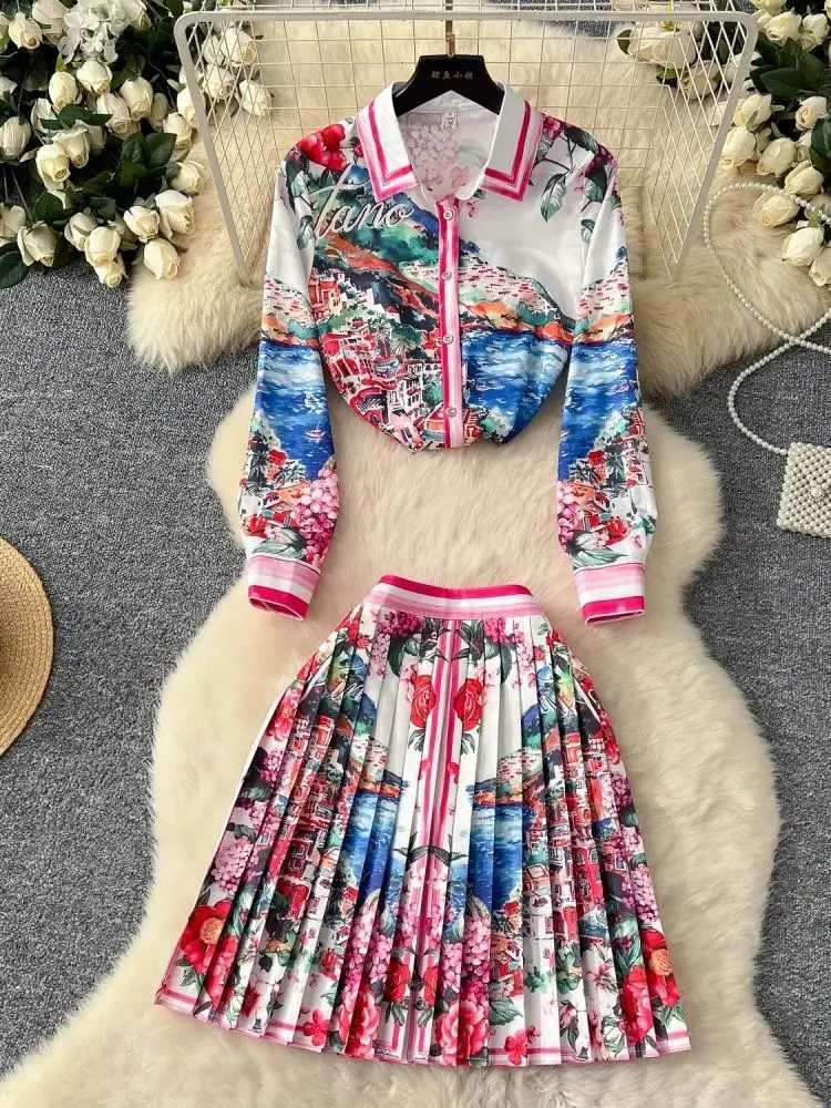 2025 Spring/Summer Womens Long Sve Collar Gorgeous Printed Shirt Top+High Waist Zipper Folding Mini Skirt 2-piece Set W250107