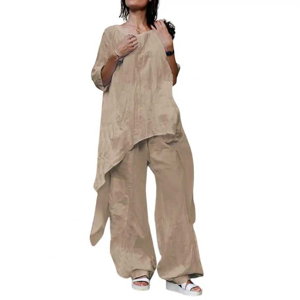 Two-Piece Set Women Outfit Shirts Pants Cotton Linen Solid Color Wide Leg Trousers Suit Women SummerXJ250106
