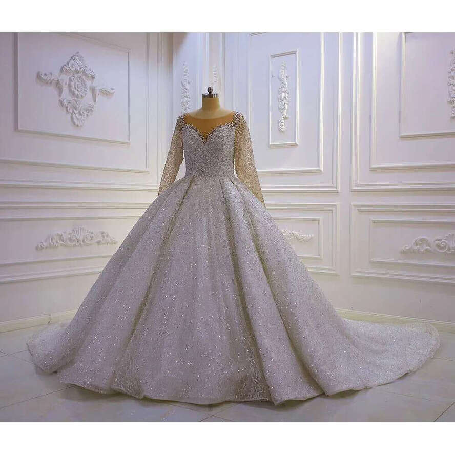 Stunning Full Pearls Long Sleeve Low Back Ball Gown Bridal Wedding Dress