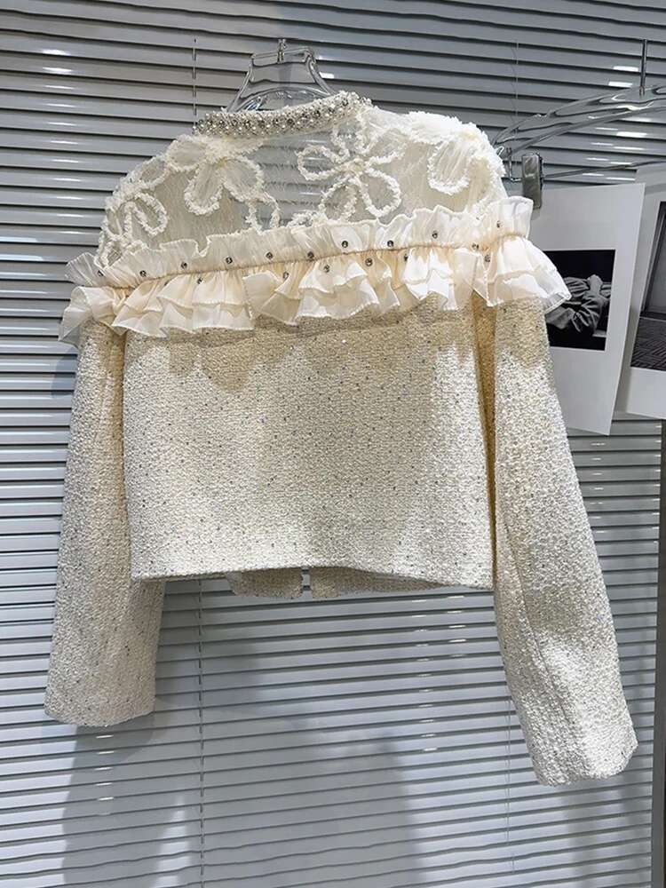 DEAT Trendy Women's Beading Edge Spliced Mesh Wer Tweed Coat 2024 Autumn Fashion New O-Neck Long Sleeve Jacket Female 11A0973