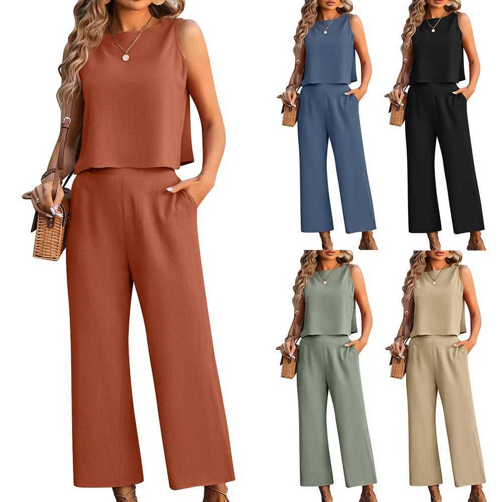 2024 summer new womens sveless vest wide leg pants casual two-piece suitXJ250106
