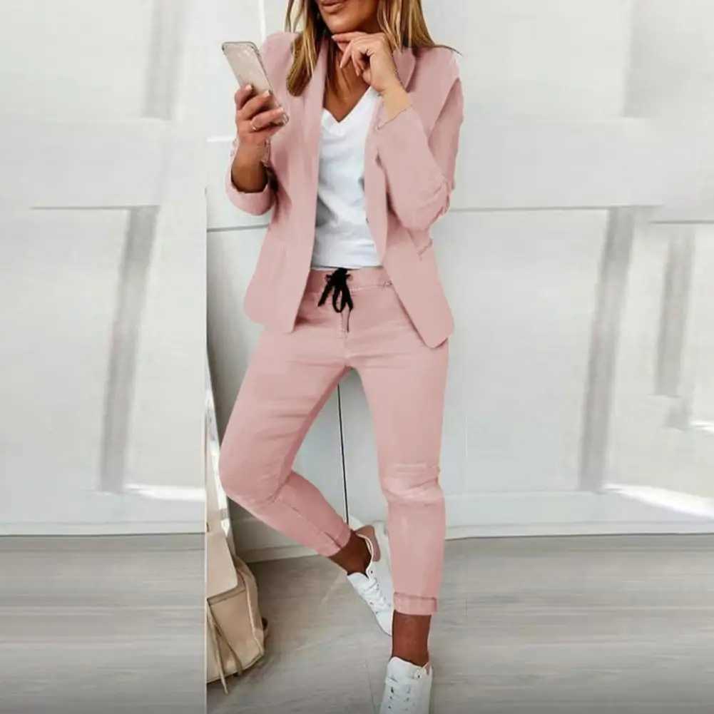Stylish Suit Set Solid Color Fe Open Stitch Blazer Elastic Waist Trousers Autumn Winter Women Suit Set for BusinessXJ250106
