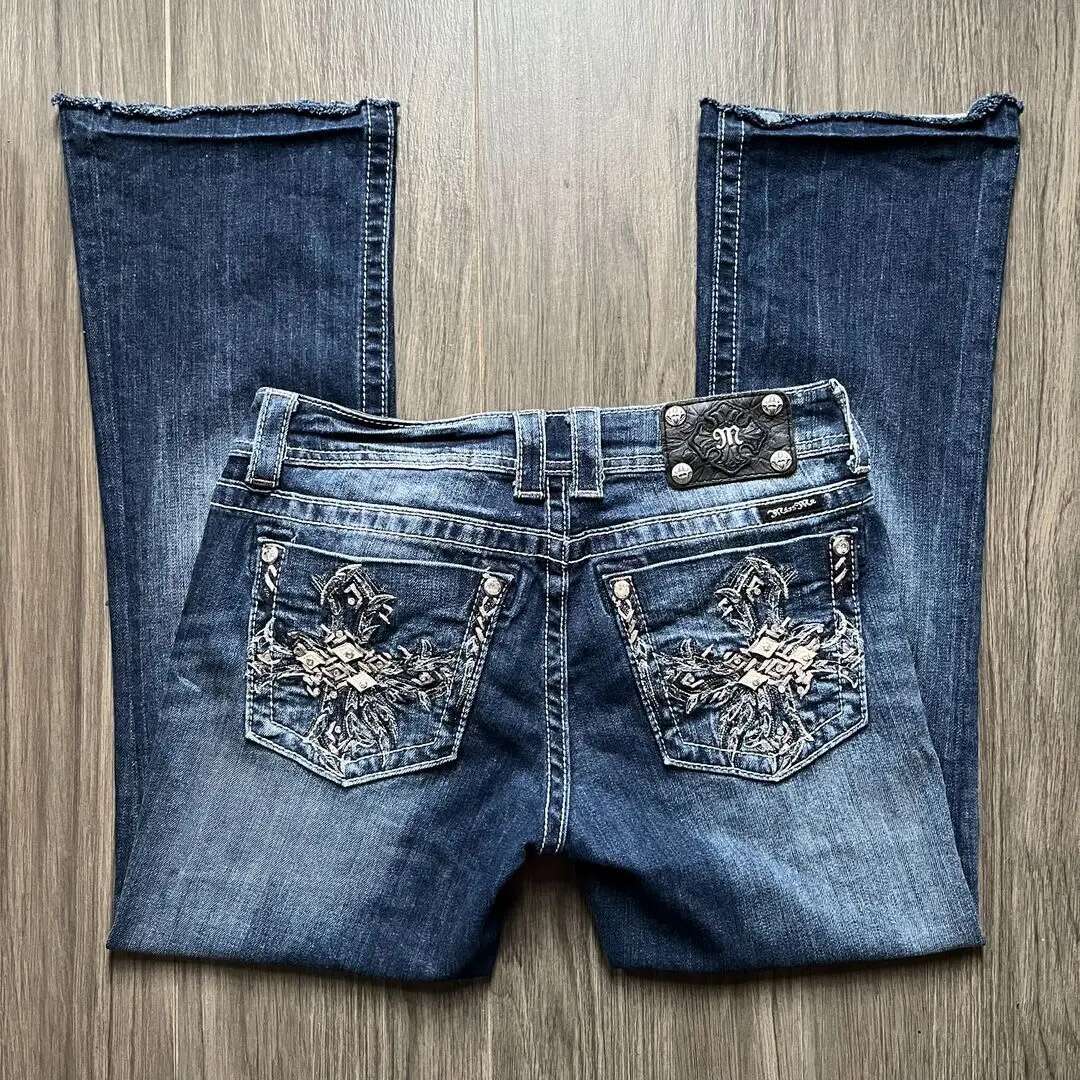 American Haruku Gothic Y2k Heavy Industry Washed Blue Embroidered Pattern Women's Autumn Street Trend Slim Flared Jeans