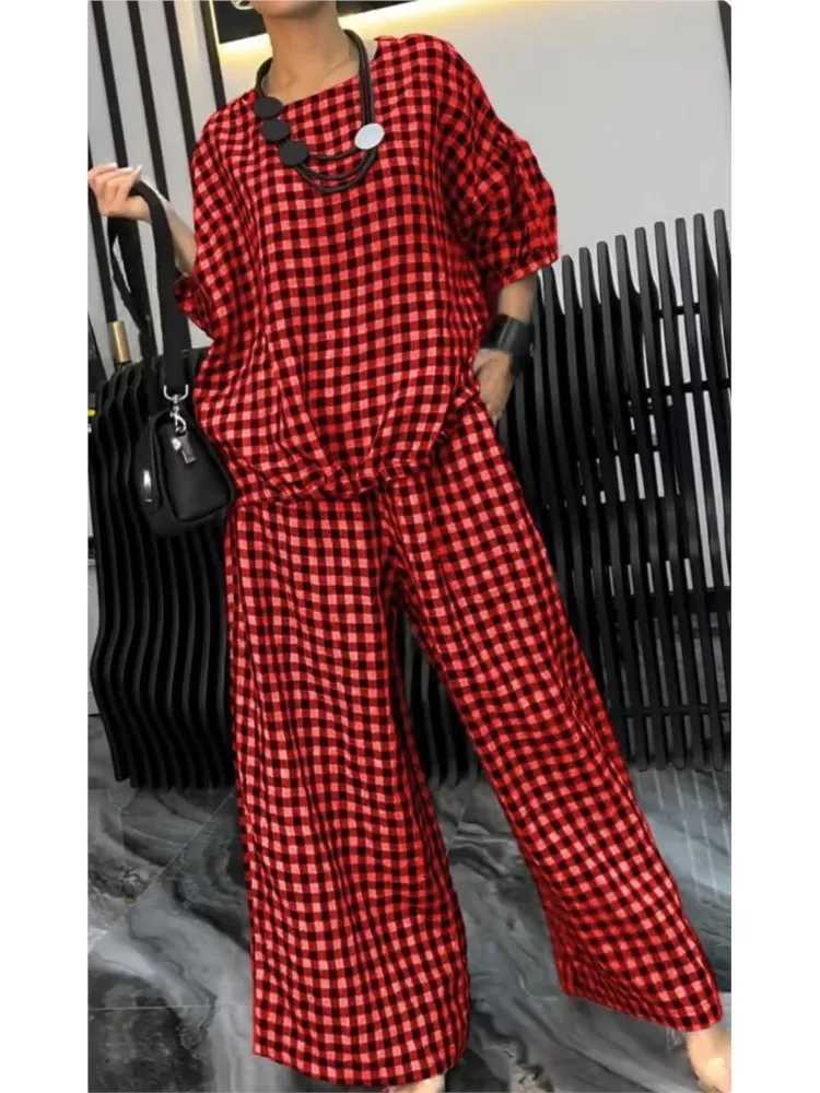 O-neck Half-sved Loose Top + Wide-leg Pants 2-piece Set Womens Fashion Spring Sets Autumn Plaid Printing Back Pull-out SuitXJ250106