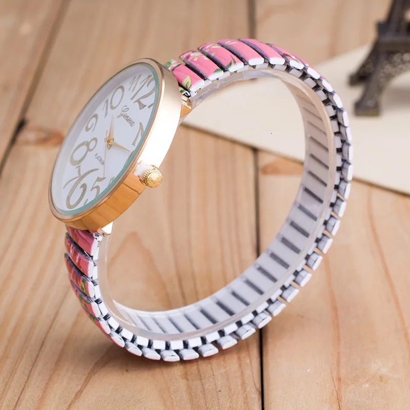 Fashion Flower Women Quartz Watch Arabic Number Large Dial Ladies Wristwatch Unique Elastic Printing Strap Girls Watches 241228