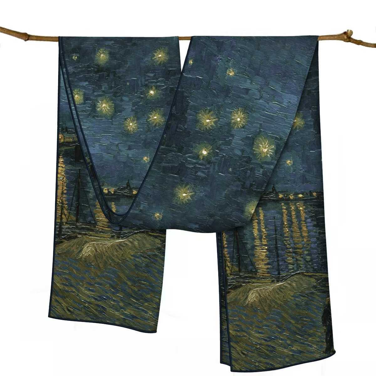 150x40CM Winter Silk Scarf Womens Van Gogh Oil Painting Handmade Roll Shawl Warm Long Coat Shoulder Bag Pashmina Bandana W250107