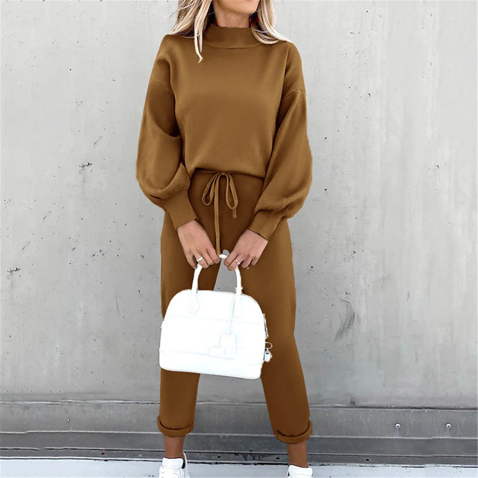 2 Piece Suit Sports for Womens Solid Color Fashion Casual Outfits Set Loungewear Long Sleeve Wide Leg Pants Streetwear 250106