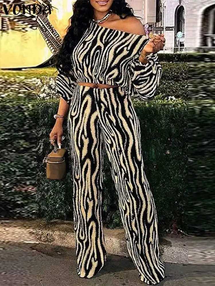 VONDA Autumn Pant Sets 2024 Bohemian Zebra-stripe Printed 2PCS Long Sve Skew Collar Sexy Top and High Waist Pants Casual SetsXJ250106