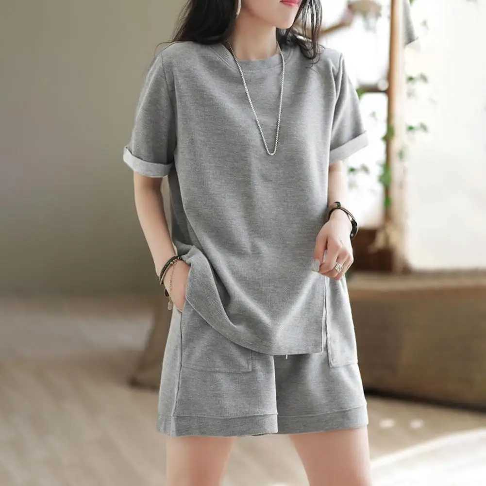 Summer Women Shirt Shorts Suit Solid Color Sweat Absorption Top Shorts Suit With Pocket Polyester Lint Free Fe OutfitXJ250106
