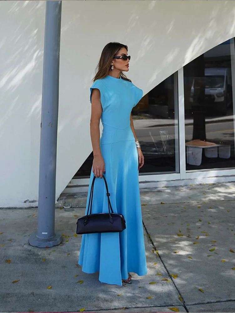Elegant Blue Shoulder Pad Short Sleeve Maxi Dress Women Fashion High Waist Split A-line Long Dresses 2024 Lady Street Robes 241223
