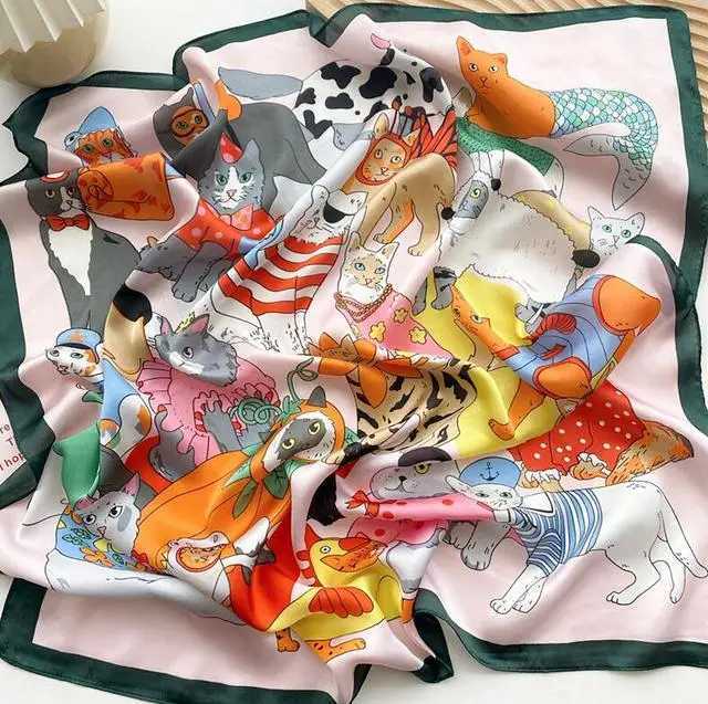 70cm * 70cm Silk Square Scarf Womens Cartoon Cat Bag Printing Fountain Headscarf Womens Collar Headscarf High Quality Silk Scarf FJ095 W250107
