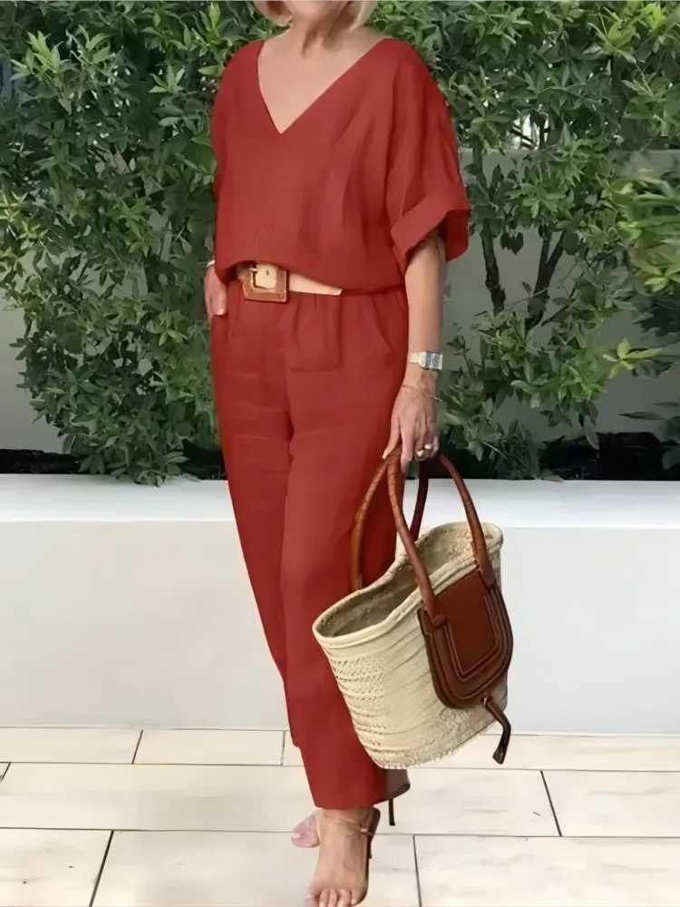 Beltless V-neck Short-sved Top + Nine-point Pants 2-piece Set For Women Fashion Summer Solid Color Loose Office Suit FeXJ250106