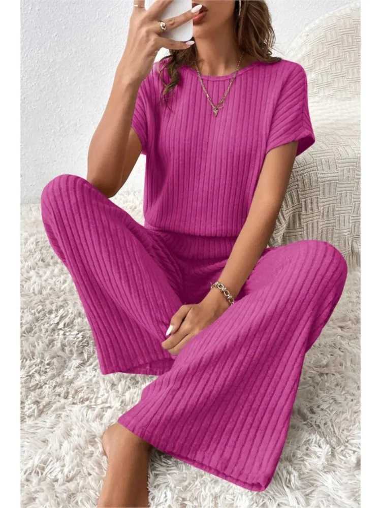 Simple Style Rib Knit Long Pants Suit Women Casual Short Sve T-shirt Loose Trousers 2 Piece Sets Summer Autumn Women SetXJ250106