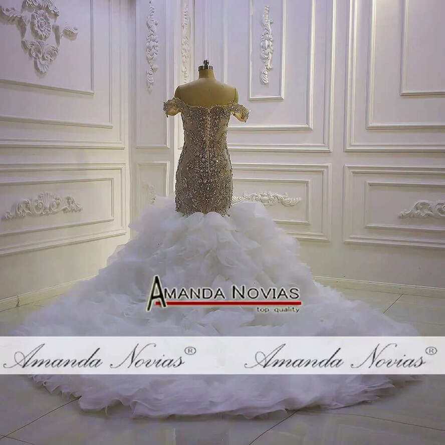 Champagne Full Beading Off The Shoulder V-Neck Ruffles Mermaid Wedding Dress