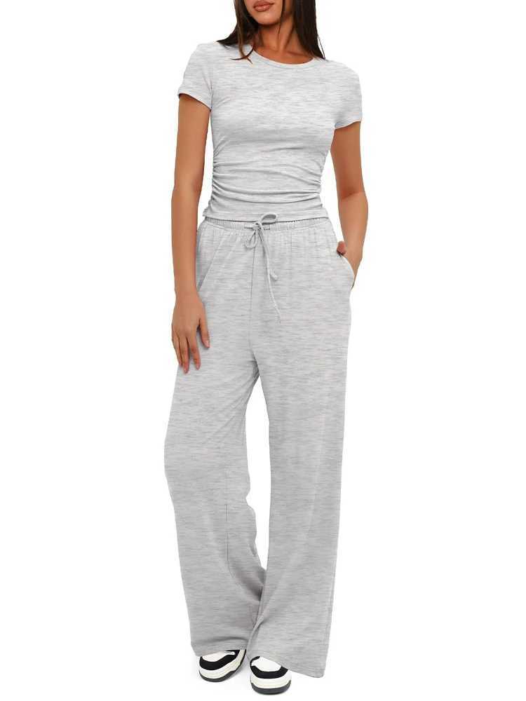 Summer Solid Loose Casual Tracksuit Womens Two Pieces Set O Neck Short Sves T-shirts and Wide Leg Pants Sets Sportswear SetXJ250106