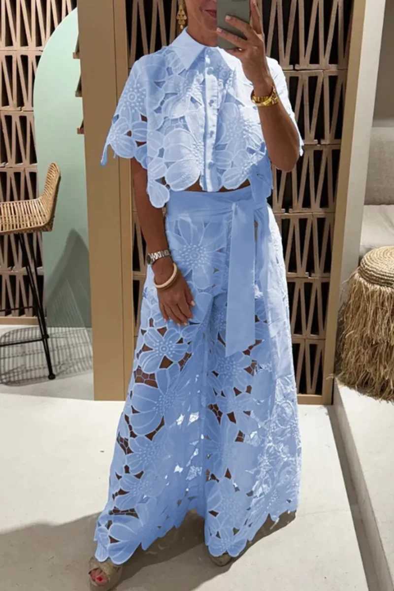Ele Lapel Half-sved Crop Top + Wide-leg Pants Sexy Hollow 2-piece Set Women Fashion Spring Solid Color Loose Suit FeXJ250106