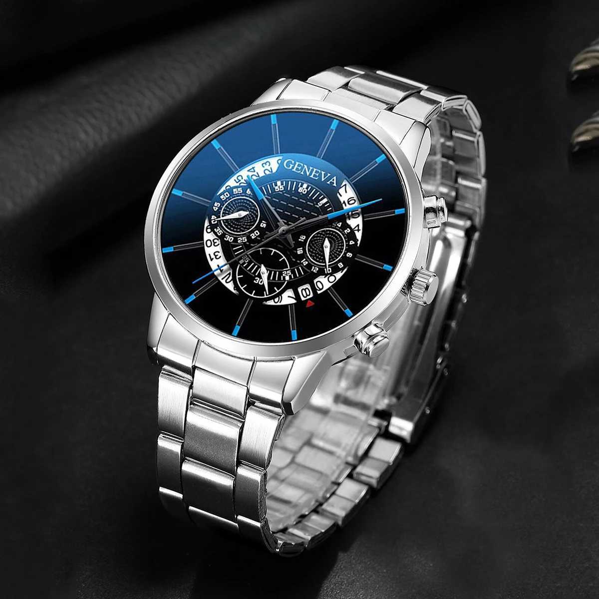 2PCS Men Business Watch Fashion Big Dial Steel Band Calendar Watches Sports Quartz Wristwatch Relogio MasculinoWithout BoxX250107