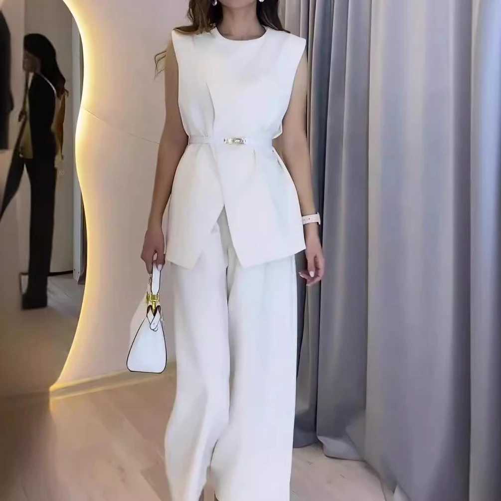 Two Piece Sets Women Pants Set Round Neck Belt Sveless White High Waist Tops Solid Wide Leg Long Pants Slim Fit EleXJ250106
