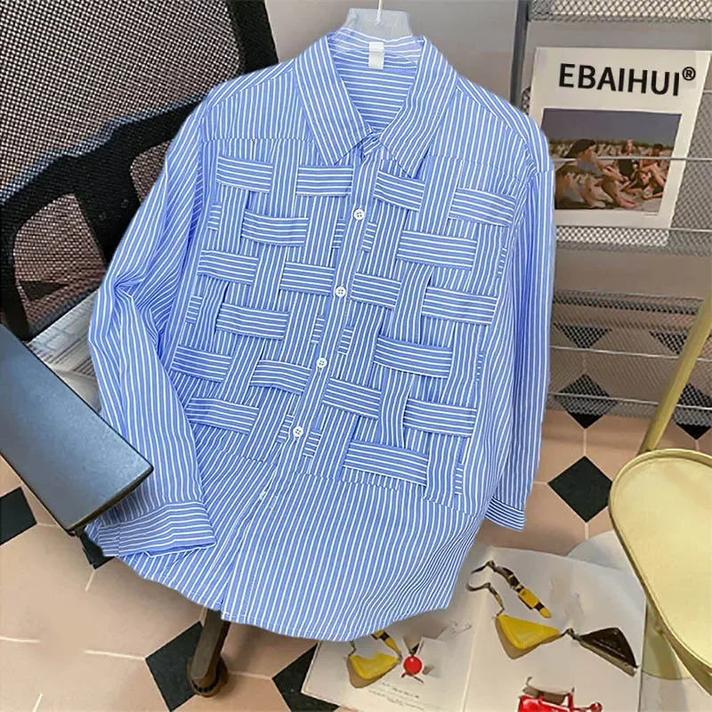 EBAIHUI Women Solid Hollow Out Shirts Lapel Long Sleeve Loose Waist Fashion Patchwork Blouse Female Chic Casual Poly Shirt 250103