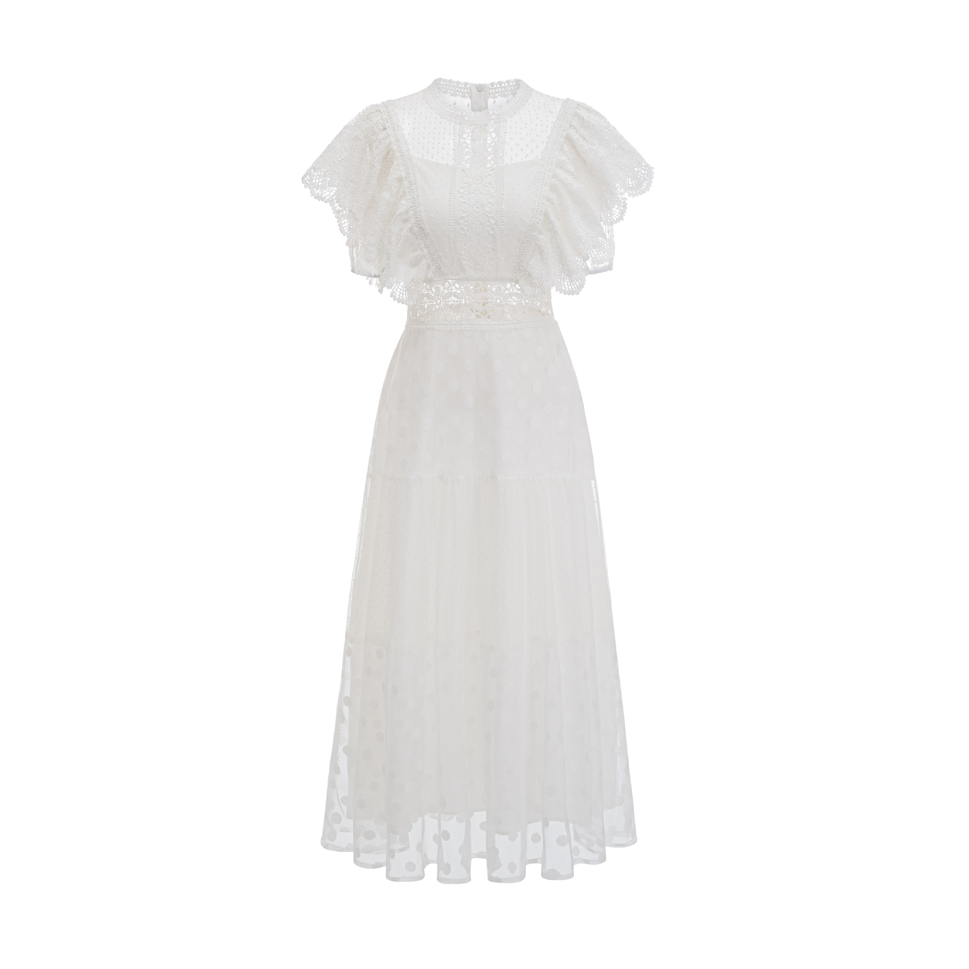 D17140 Commuter temperament round neck flying sleeves long dress waist slimming polka dot skirt
