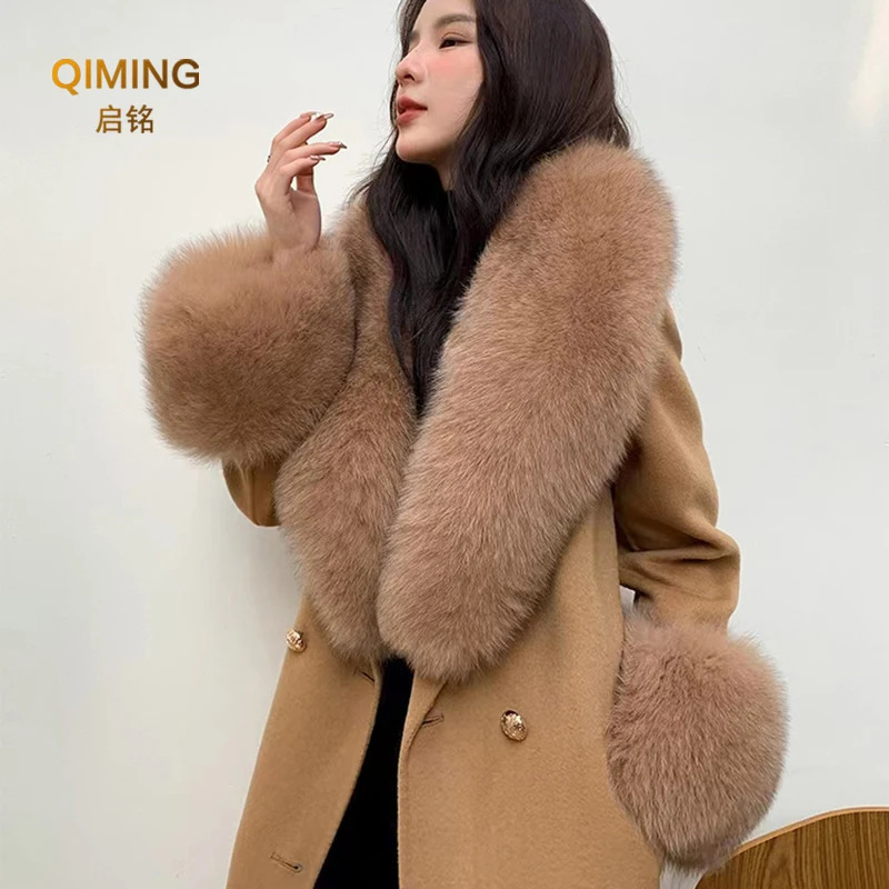 Winter Real Fox Fur Collar Women Large Fur Scarf Suit Fluffy Fur Shawl Fur Cuff Set Furry Wraps Scarves Coat Jacket Adorn 250106