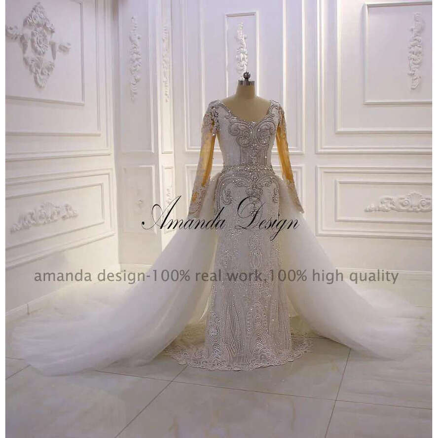 Amanda Design Robe De Mariage Sirene Long Sleeve Rhie Detachable Skirt Wedding Dress