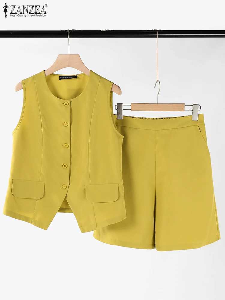 Summer Sveless Vest Outfits ZANZEA Women Office Lady Short Sets 2024 Vintage Pocket Short Suits Holiday 2PCS Matching SetsXJ250106