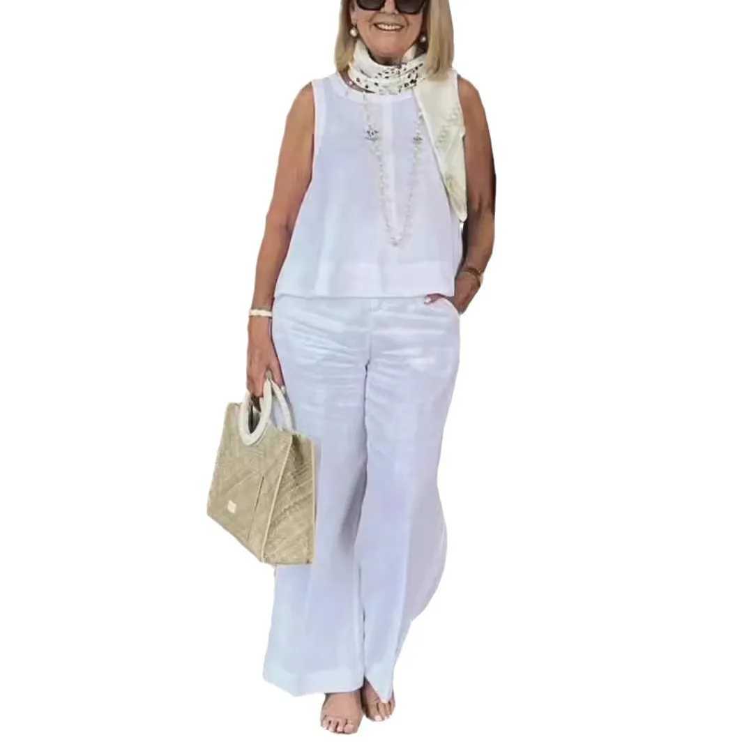 Simple Cotton Linen Womens Suits Summer Fashion Sveless Loose Blouse Wide Leg Pants Two Piece Sets For Women Casual OutfitsXJ250106