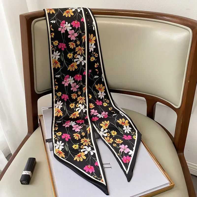 2024 Fashion Flower Printed Silk Scarf Womens Thin Neck Long Scarf Narrow Office Womens Shawl Bandanas Womens Thin Hair W250107