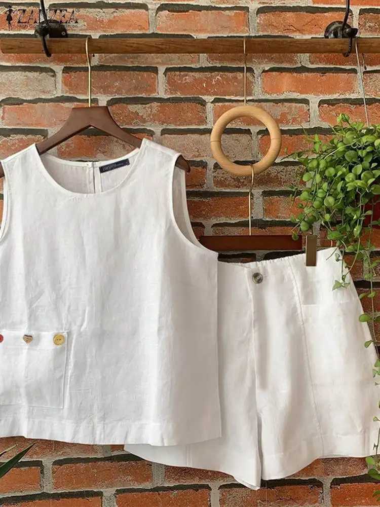 ZANZEA Women Two Piece Sets Casual Sveless Buttons Tank Tops And Pants Shorts Suits Summer 2PCS Holiday Loose Short Pant SetsXJ250106