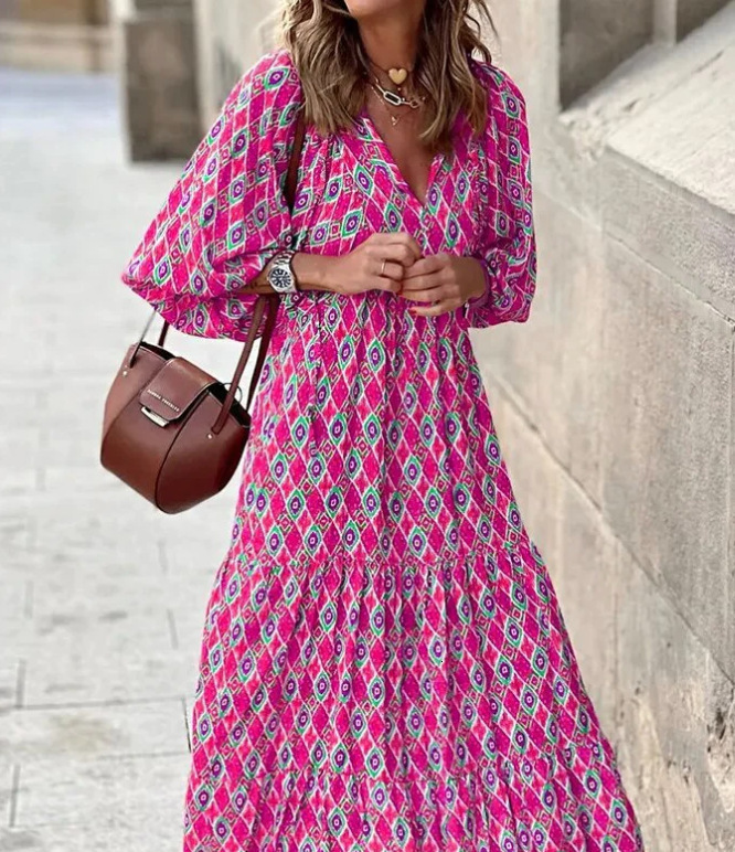 Womens Loose Dresses Flowy Bohemian Dress with Round Neck and Lantern Sleeves Lightweight for Daily Use