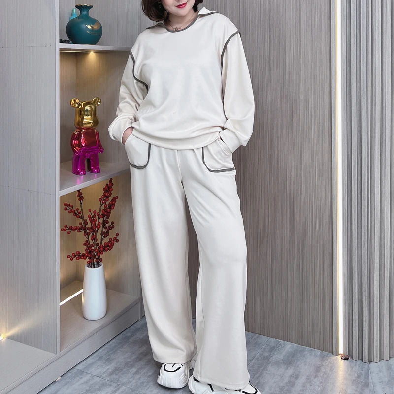 Long Sleeve Stretch Sweatshirt and Pants Set for Women Casual Clothing Block Color Lapel Plus Size 2 Pieces Suit 250106