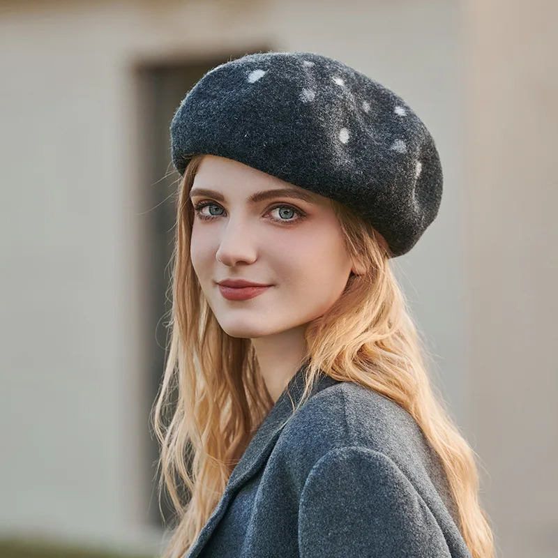 Elegant Women Girls Berets Cap French Artist Warm Woolen Winter Beanie Hat Black Vintage Beret Cashmere Hat Polka Dots Wool Cap 250106