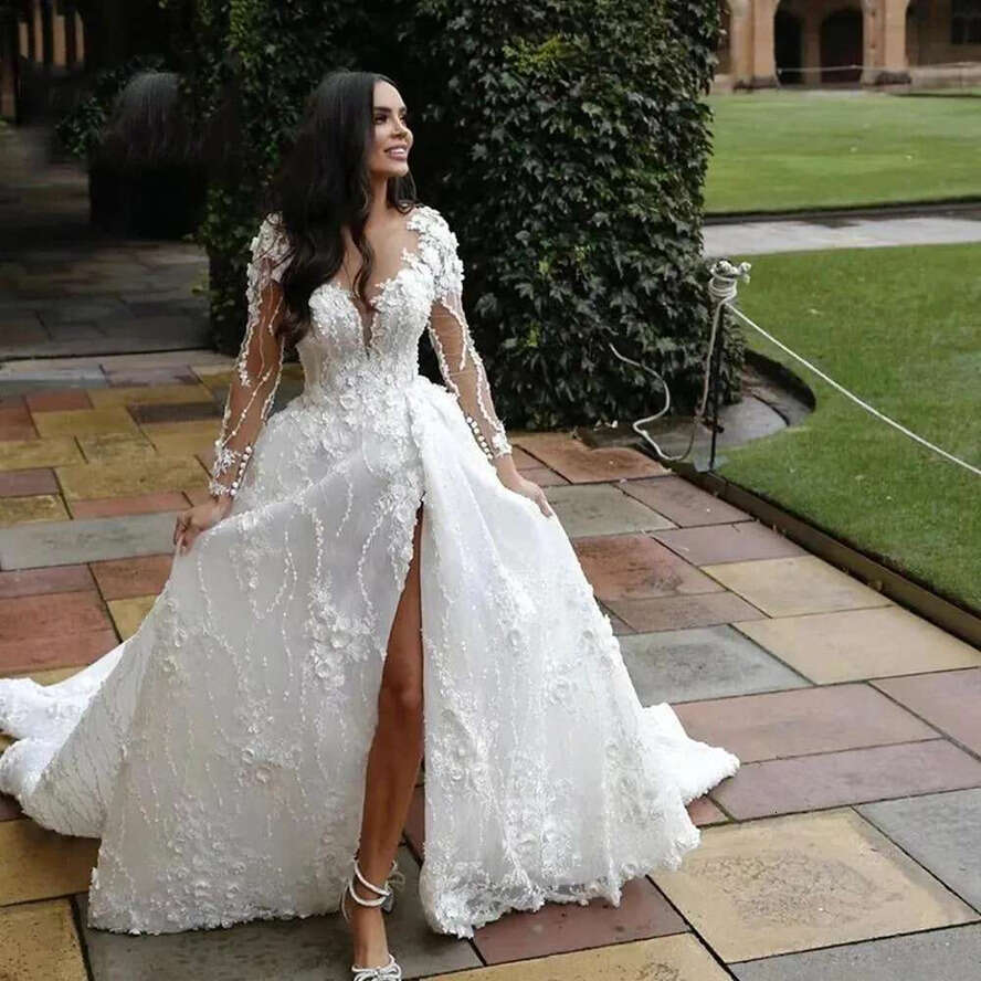 Stic Arabic Dubai Lace Tulle Wedding Dresses A E Sleeves Sheer Neck Appliques Beads Long Bridal Gowns With Split Front Custom Robes De Mariage Bc18324