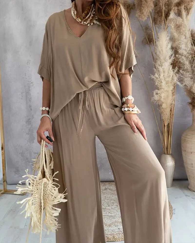 Summer White Two Piece Set For Women V Neck Bat Sve Top Casual Loose Lace Up Wide-leg Pants 2 Piece Suit Home Outfits WomensXJ250106