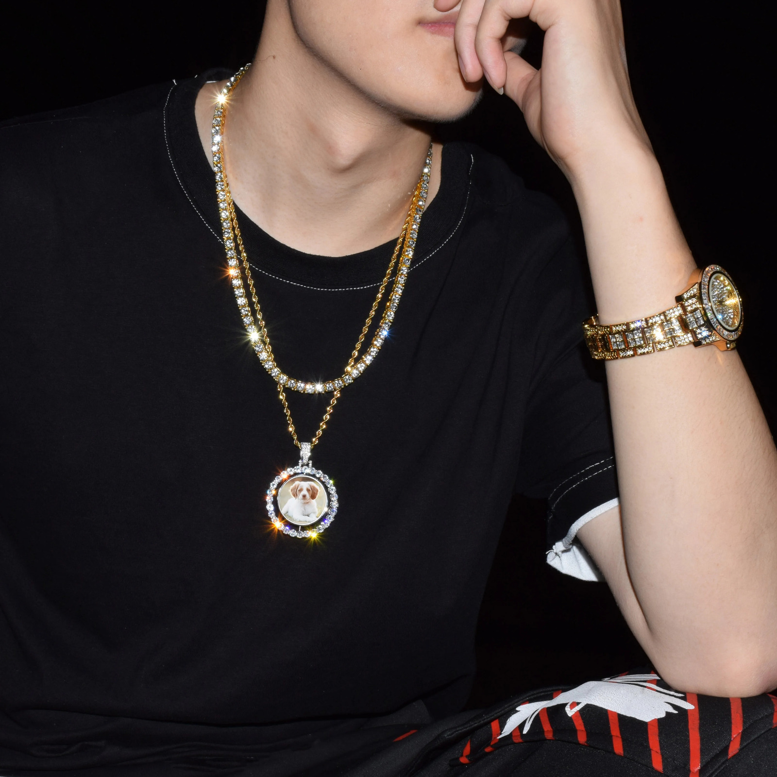 Bubble Letter Custom Po Necklace for Men Rotating Double-Sided Medallions Spinning Pendant Hip Hop Jewelry 250107