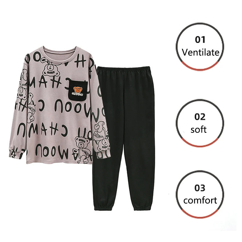 Men Plus Size Pajamas LongSleeved Trousers Grey Letters Cartoon Bear Student Pullover Two Easy to Clean Homewear 250103