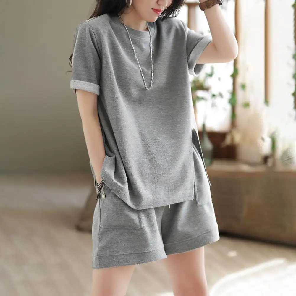 Summer Women Shirt Shorts Suit Solid Color Sweat Absorption Top Shorts Suit With Pocket Polyester Lint Free Fe OutfitXJ250106